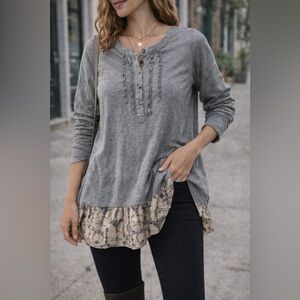 Johnny Was Gray Henley Tunic Small Skull Embroidered Boho Chic Cotton Dress Top